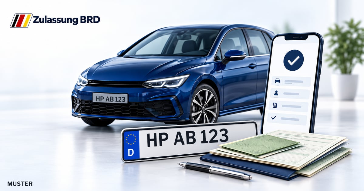 Online Fahrzeugzulassung in Viernheim: Musterkennzeichen HP AB 123, Auto und Fahrzeugpapiere und Smartphone. Illustration mit Logo von Zulassung BRD.